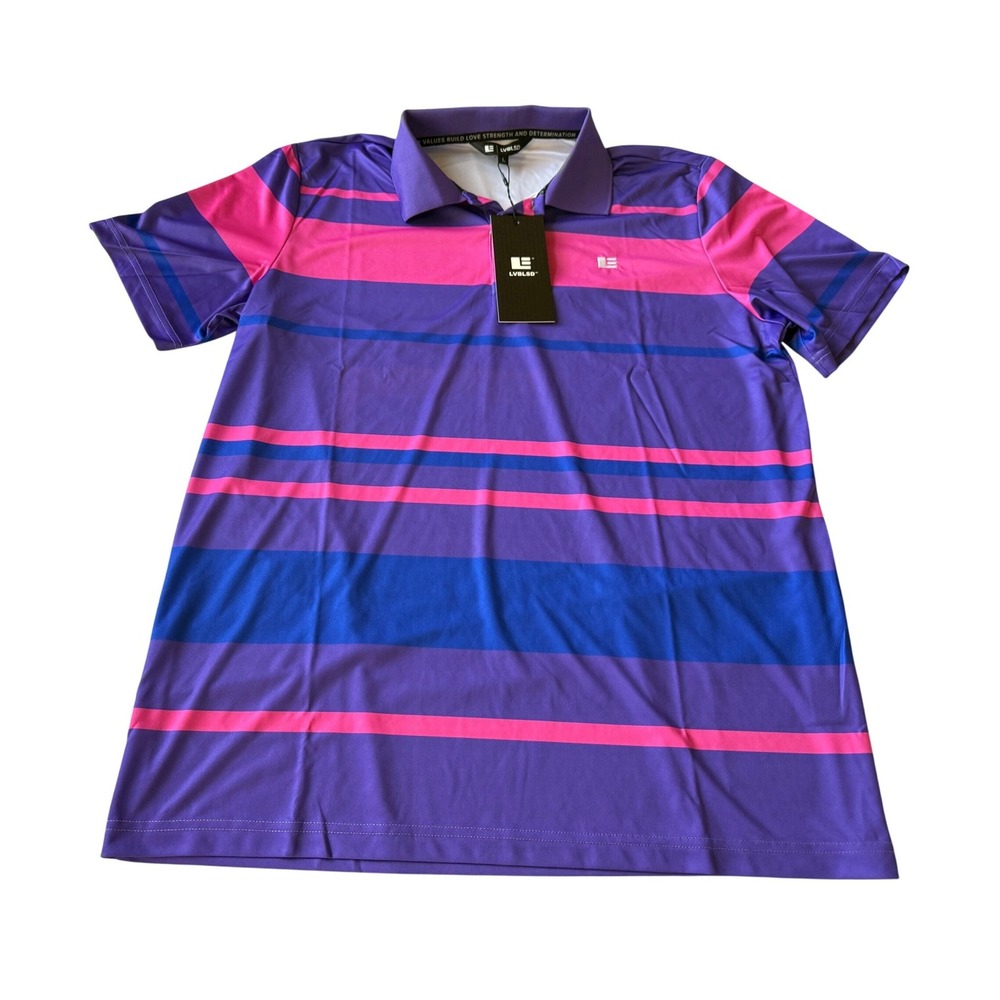 LVBLSD Mens Golf Polo Shirt Large Purple Pink Athletic Striped Short Sleeve NWT
